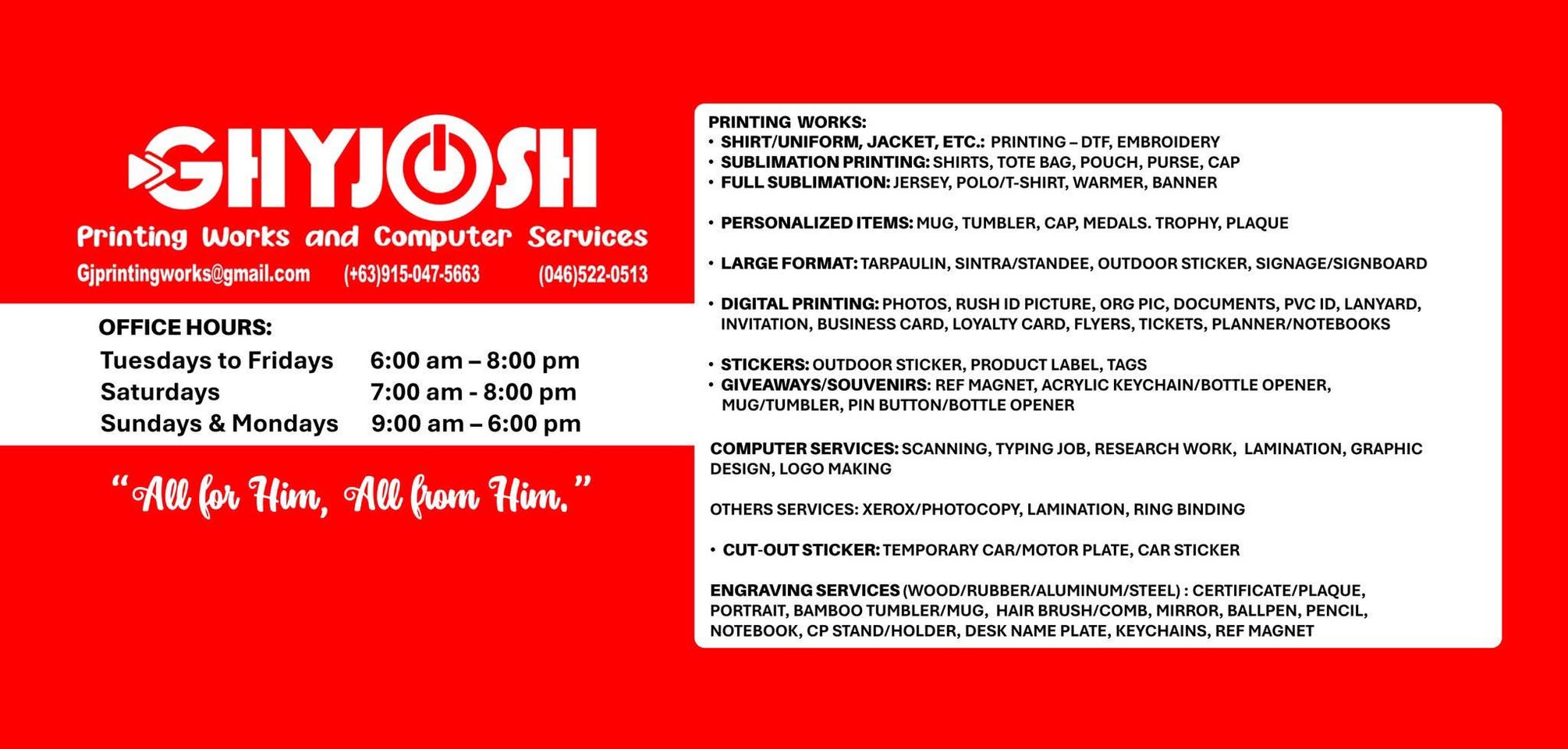 GhyJosh Printing Works menu: printing, computer services, engraving, office hours, and contact numbers